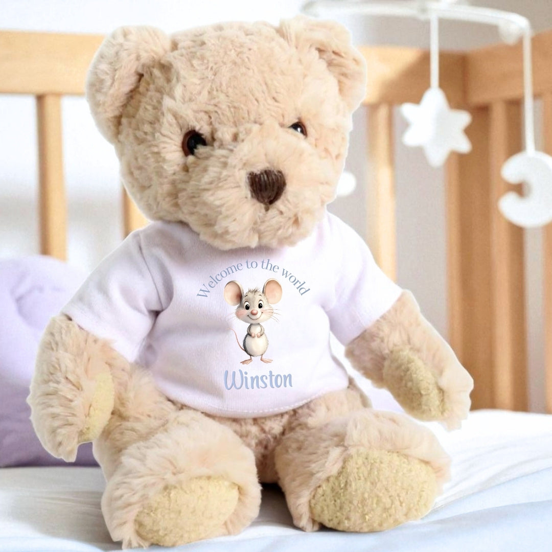 Personalised Luxury Teddy Bear with Blue Mouse Welcome to the World T-Shirt