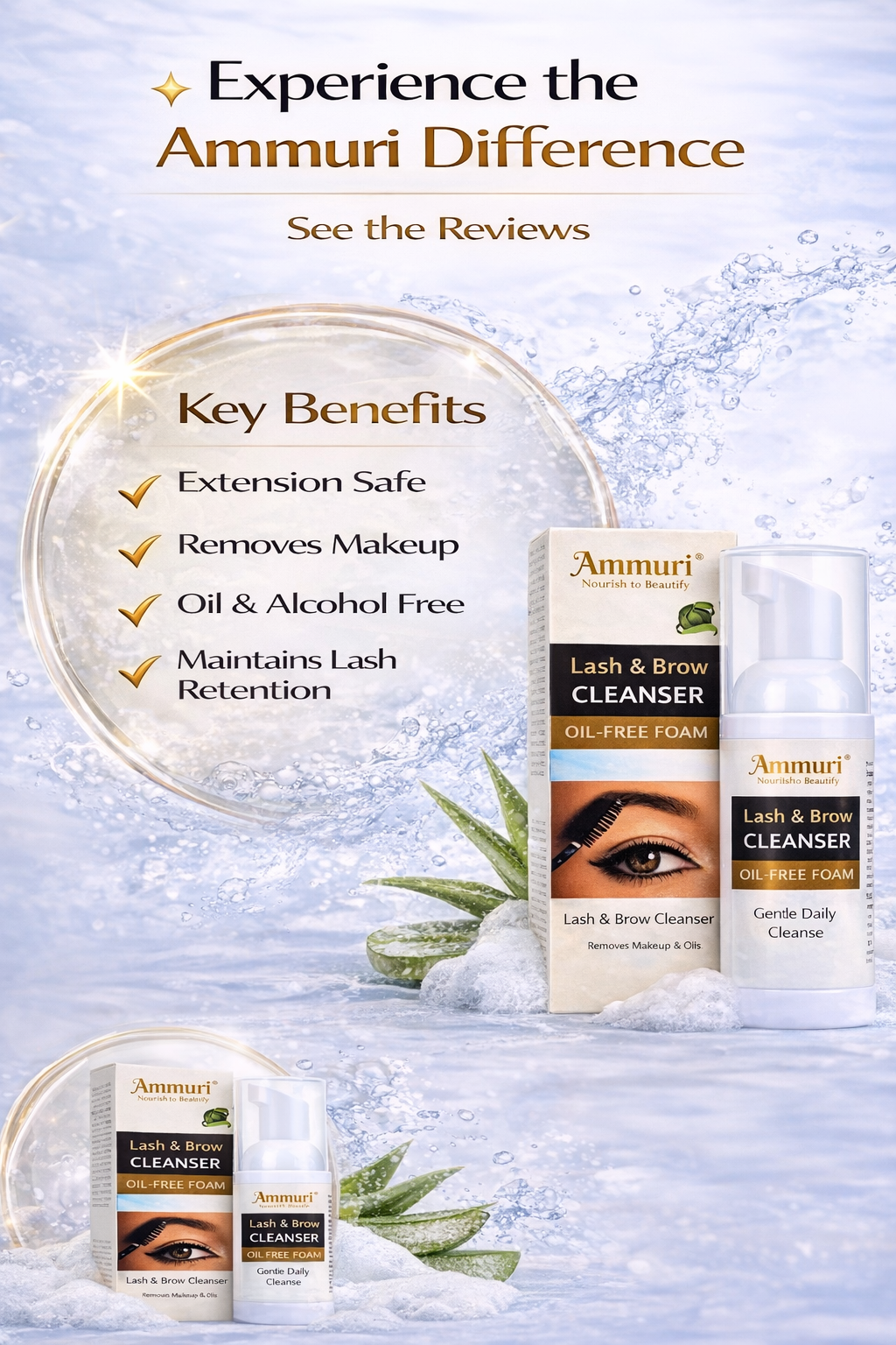 Ammuri Lash & Brow Cleanser Foam – Lash Extension Safe Makeup Remover 50ml