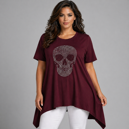 Short Sleeve Hanky Hem Studded Skull Long Length Top