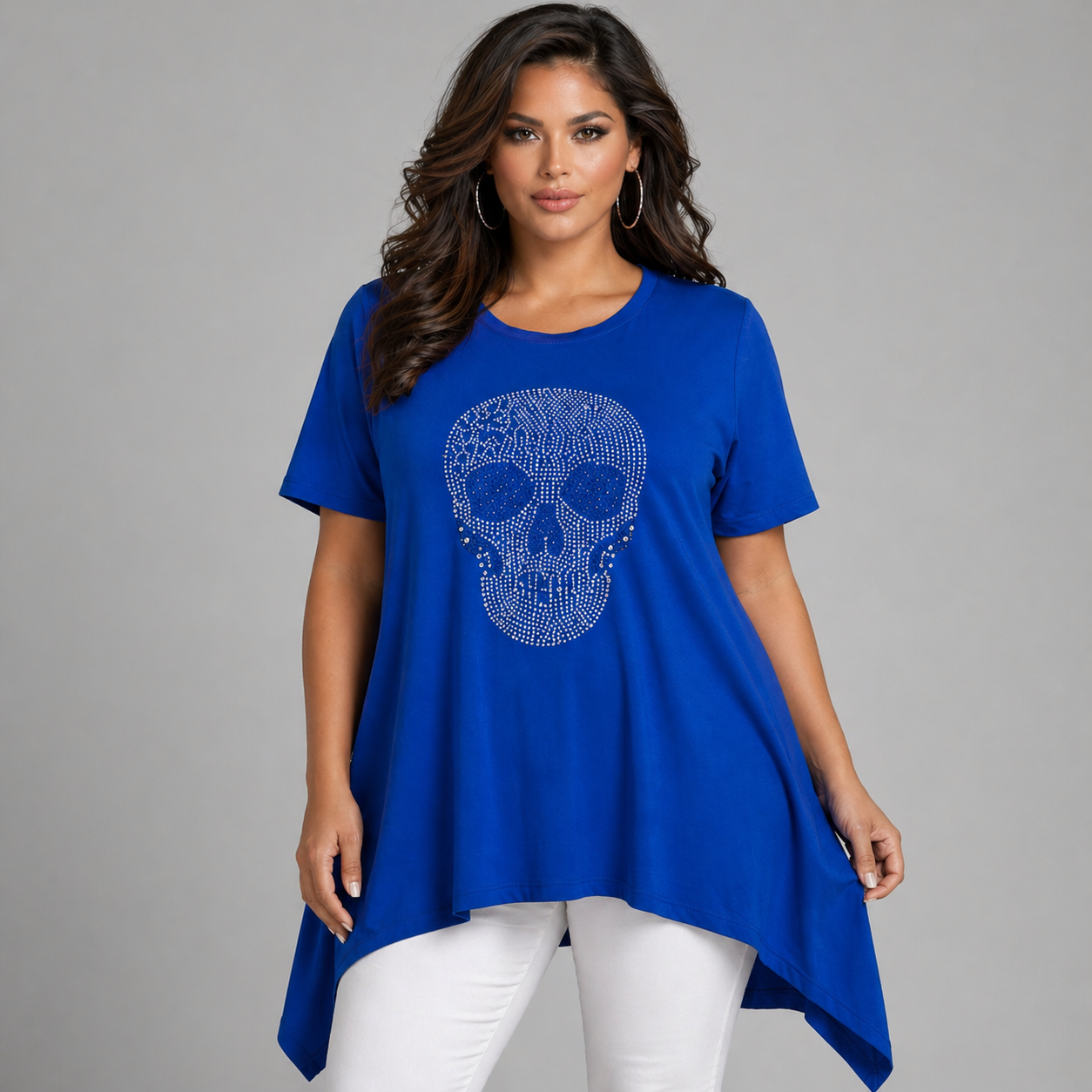 Short Sleeve Hanky Hem Studded Skull Long Length Top