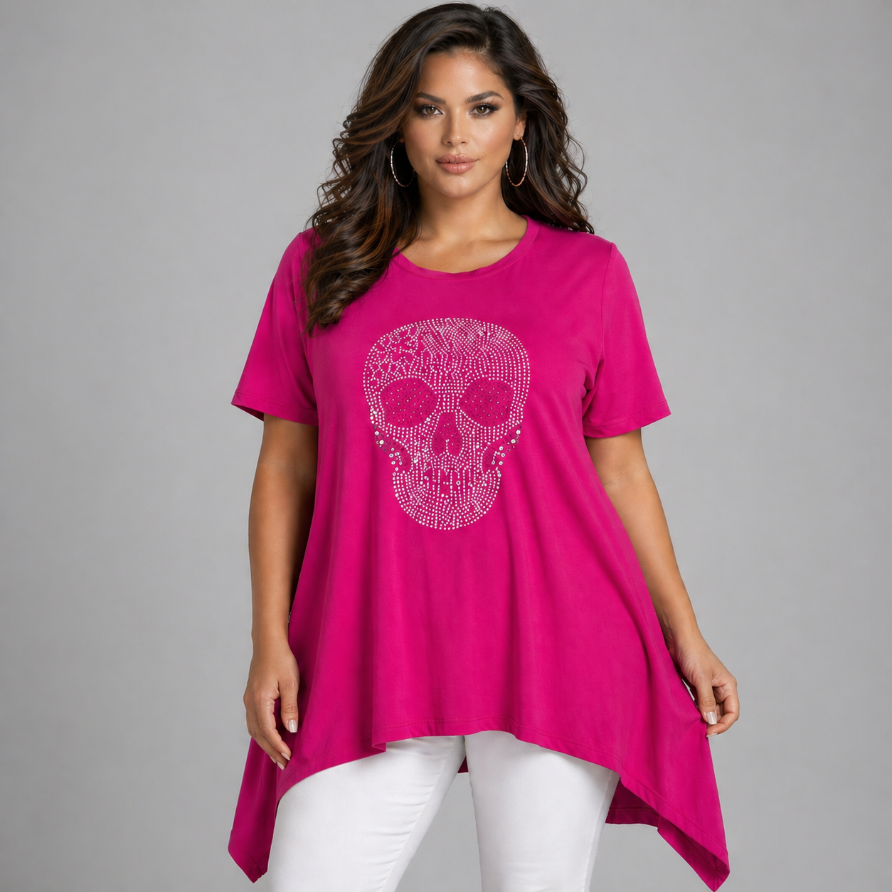 Short Sleeve Hanky Hem Studded Skull Long Length Top