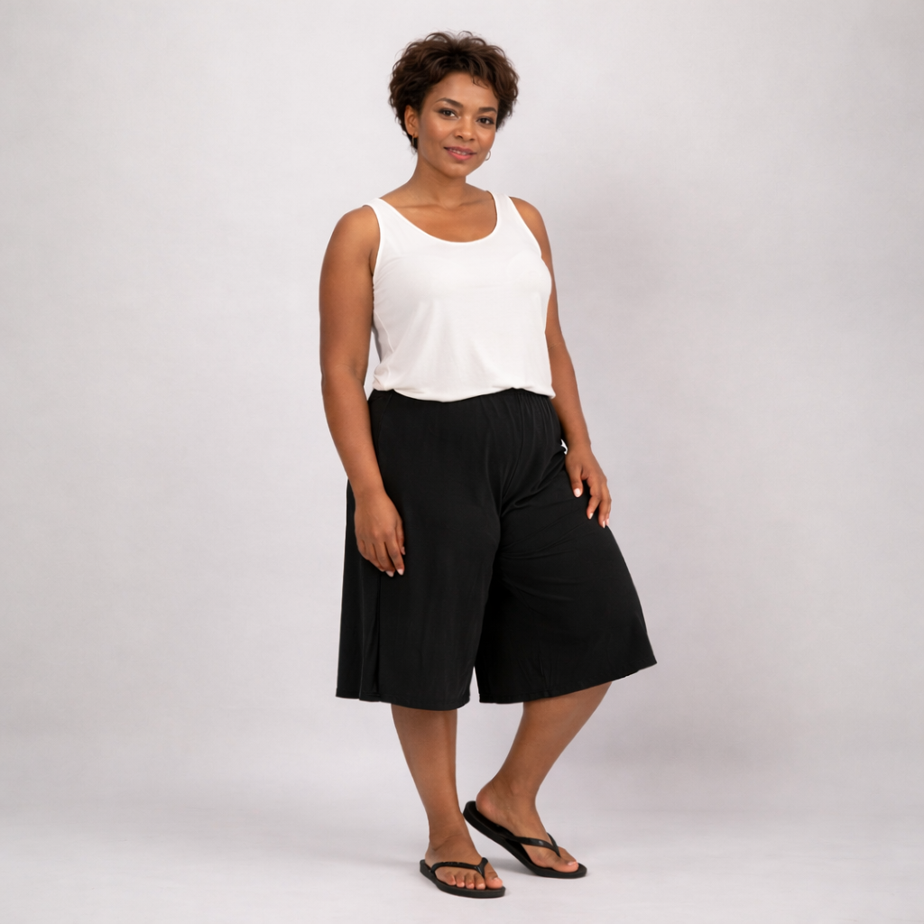 Plain Elastic High Waist Wide Leg Culottes Shorts