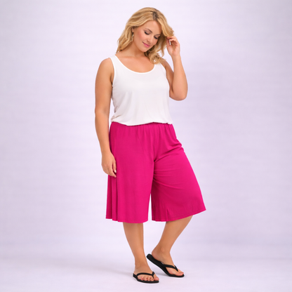 Plain Elastic High Waist Wide Leg Culottes Shorts