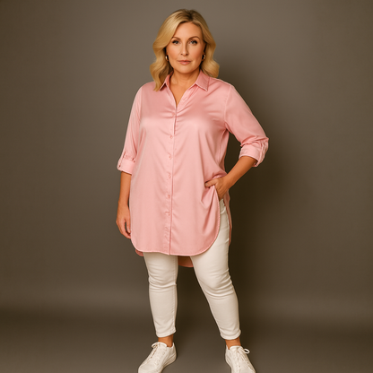 Dipped Hem Satin Shirt with 3/4 button Tab Sleeves