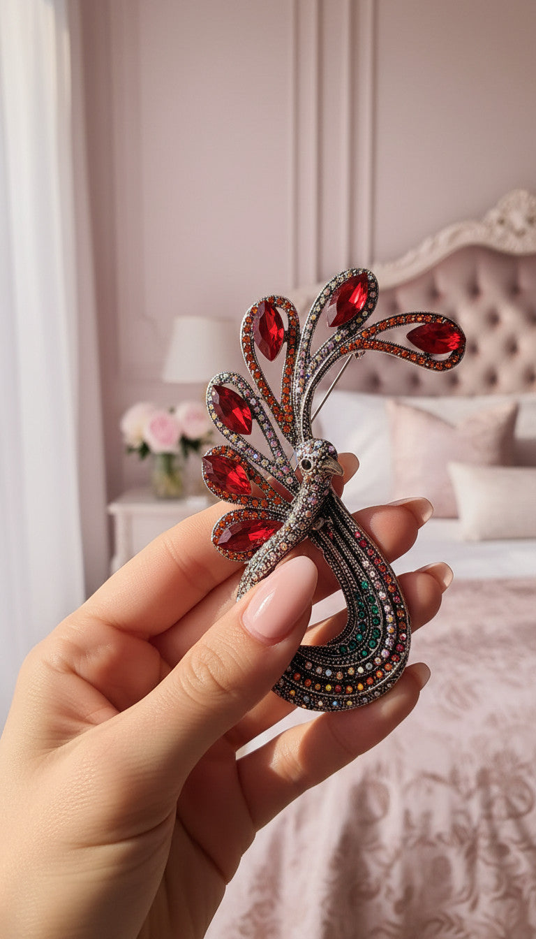 Curved Peacock Crystal Brooch Pin Rhinestone Statement Jewellery