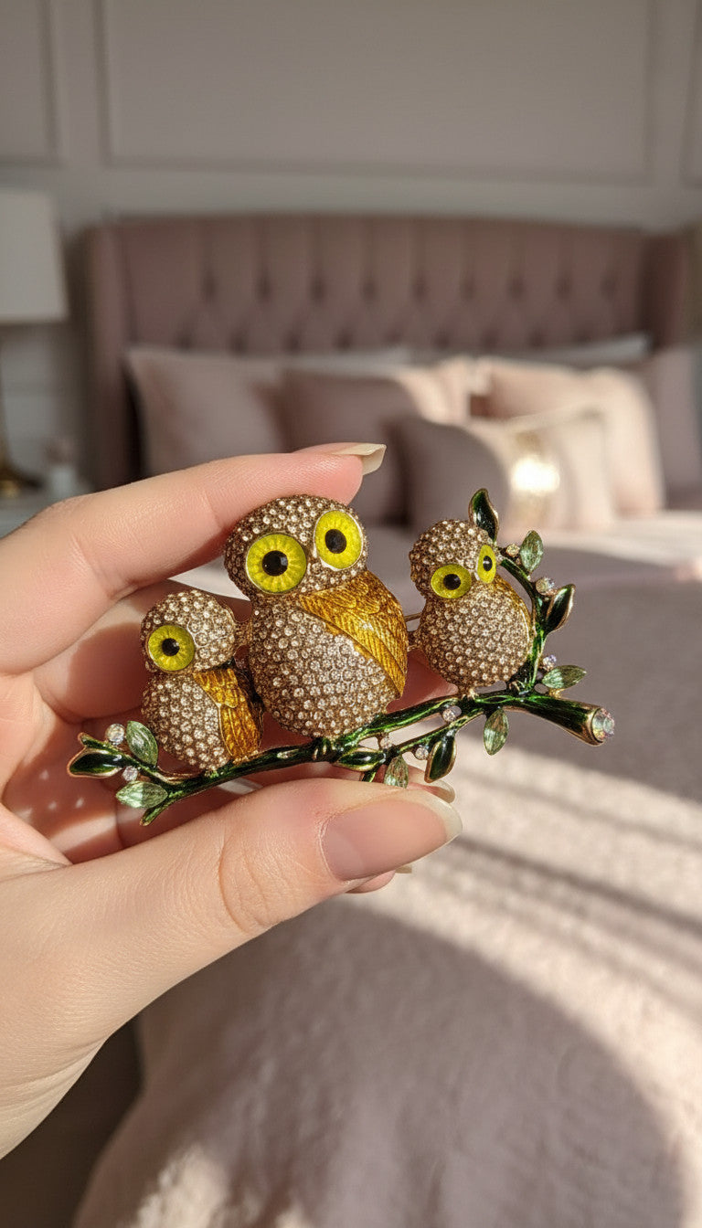 Crystal Owls Statement Brooch Rhinestone Pin