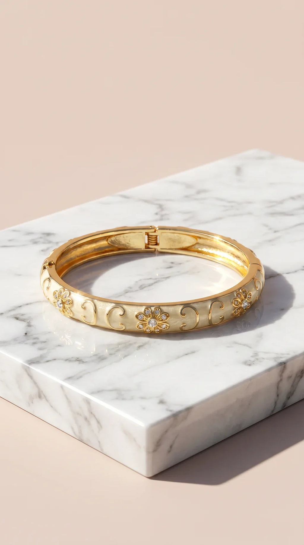 Gold Plated Steel Floral Enamel Crystal Bangle