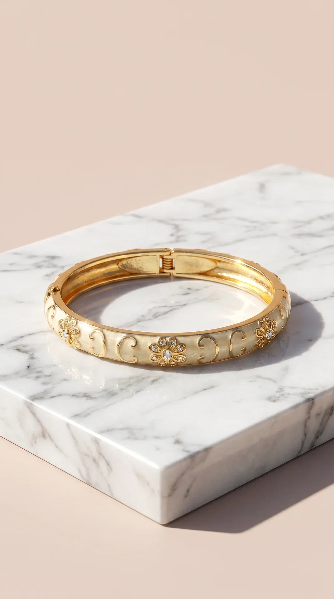 Gold Plated Steel Floral Enamel Crystal Bangle