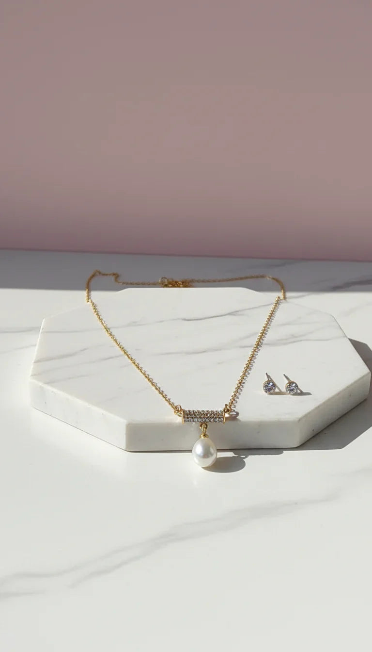 Crystal Bar & Pearl Drop Pendant Necklace & Earring Set