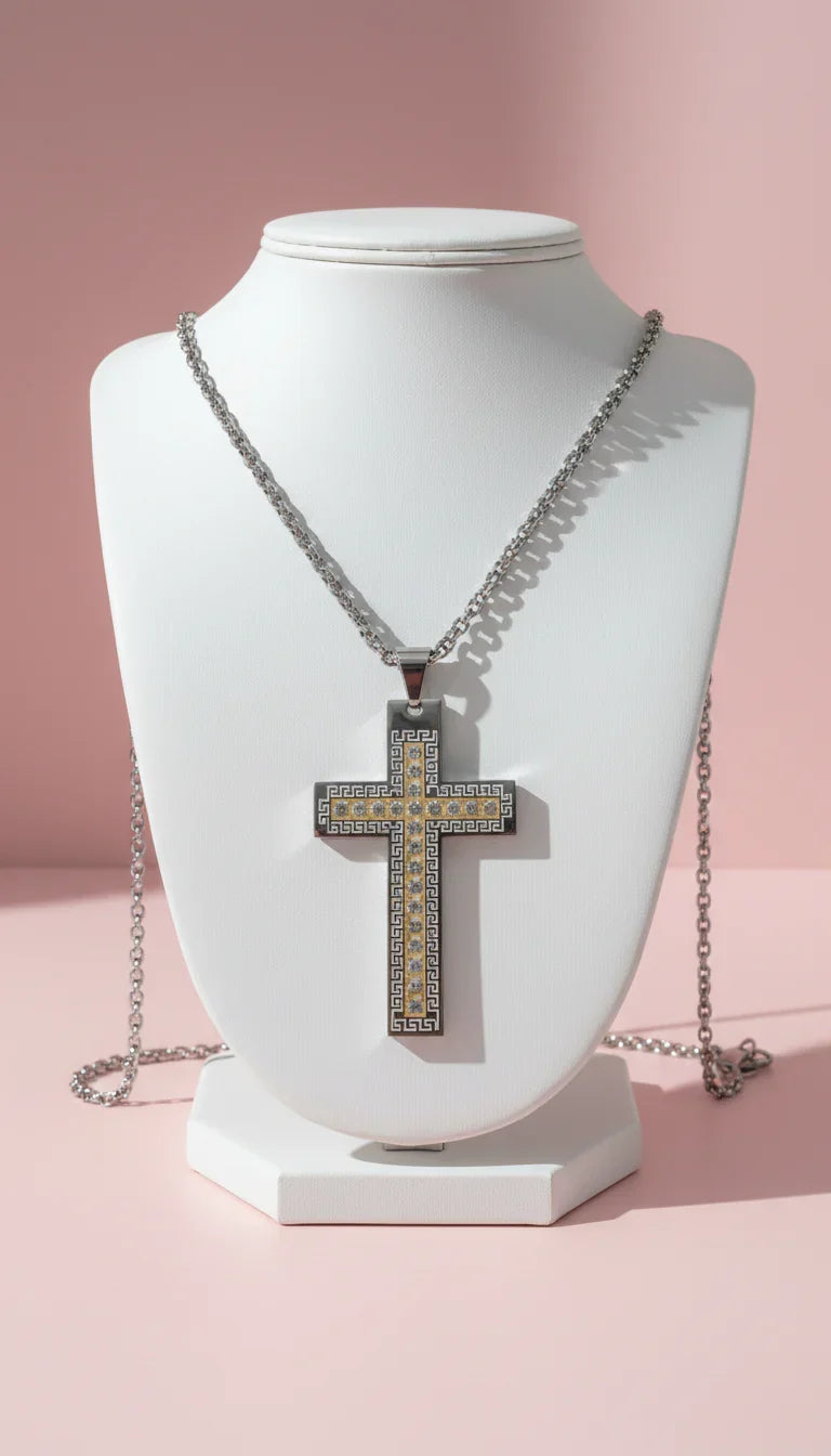 Waterproof Stainless Steel Two Tone Gold Engraved Greek Key Cross Necklace