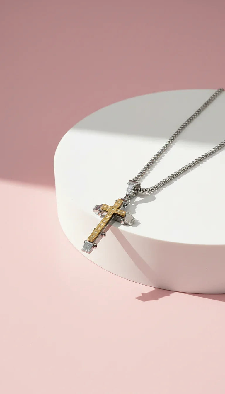 Waterproof Layered Two Tone Stainless Steel Cross Necklace
