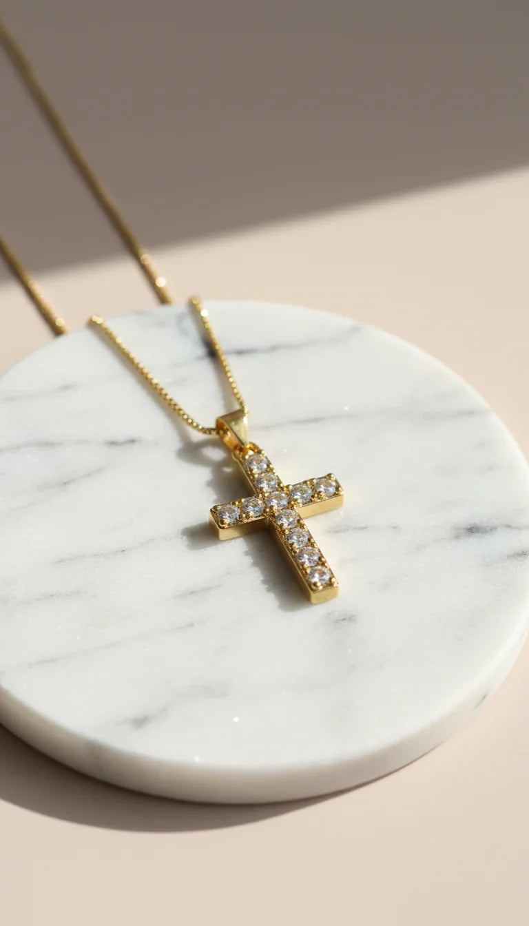 Gold Crystal Cross Symbolic Pendant Necklace