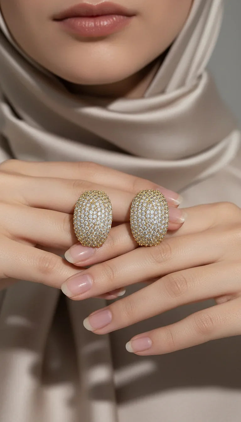 Curved Oval Crystal Stud Earrings