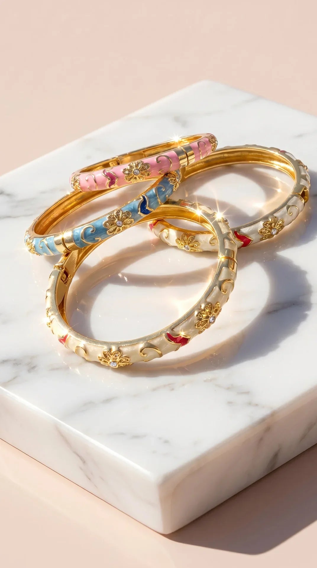 Gold Plated Steel Floral Enamel Crystal Bangle