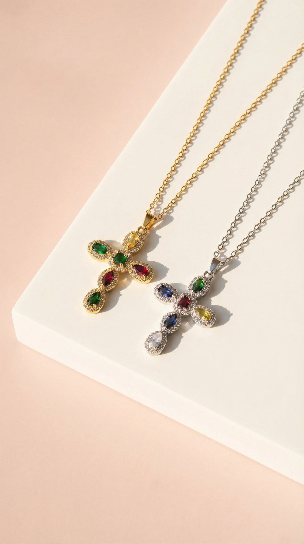 Waterproof Rainbow Crystal Cross Stainless Steel Necklace