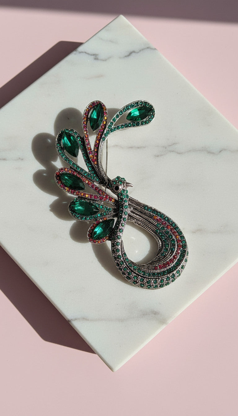 Curved Peacock Crystal Brooch Pin Rhinestone Statement Jewellery