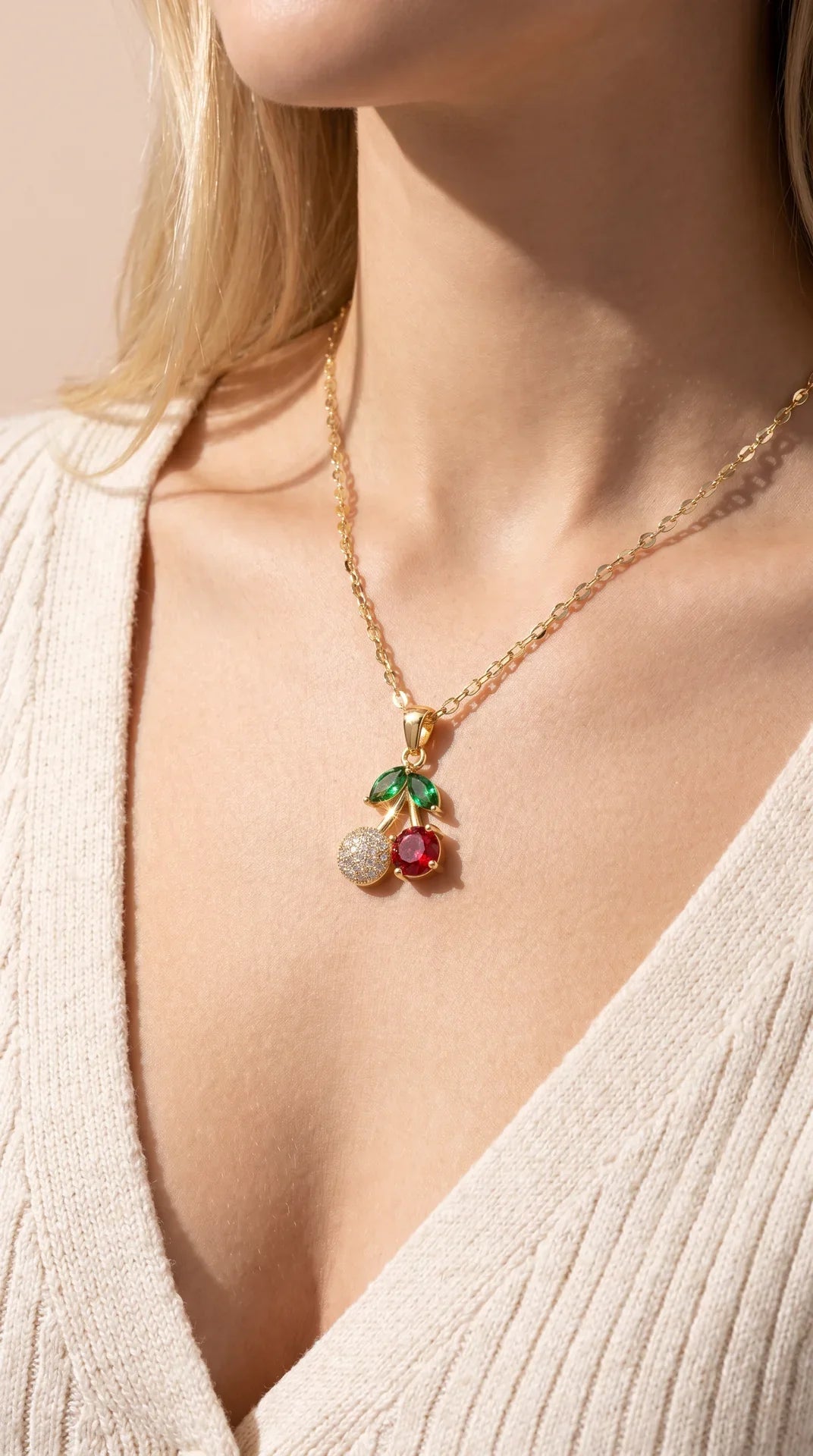 Cherry Crystal Gold Plated Steel Pendant Necklace