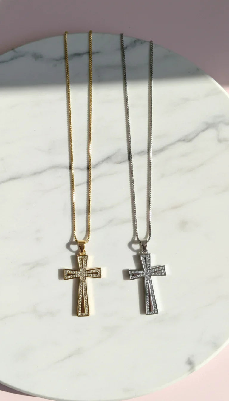 Waterproof Pavé Crystal Gold Plated Cross Stainless Steel Necklace