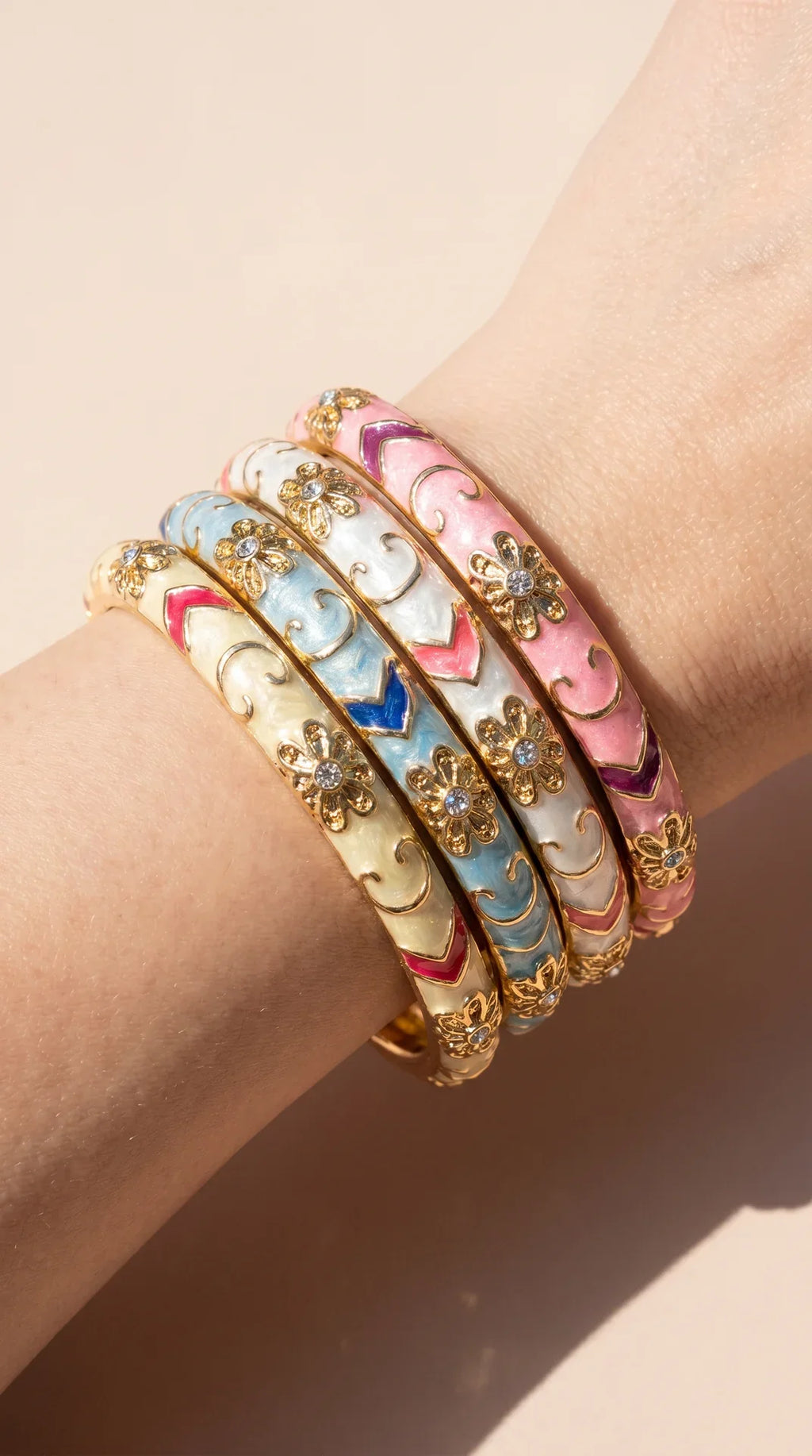 Gold Plated Steel Floral Enamel Crystal Bangle
