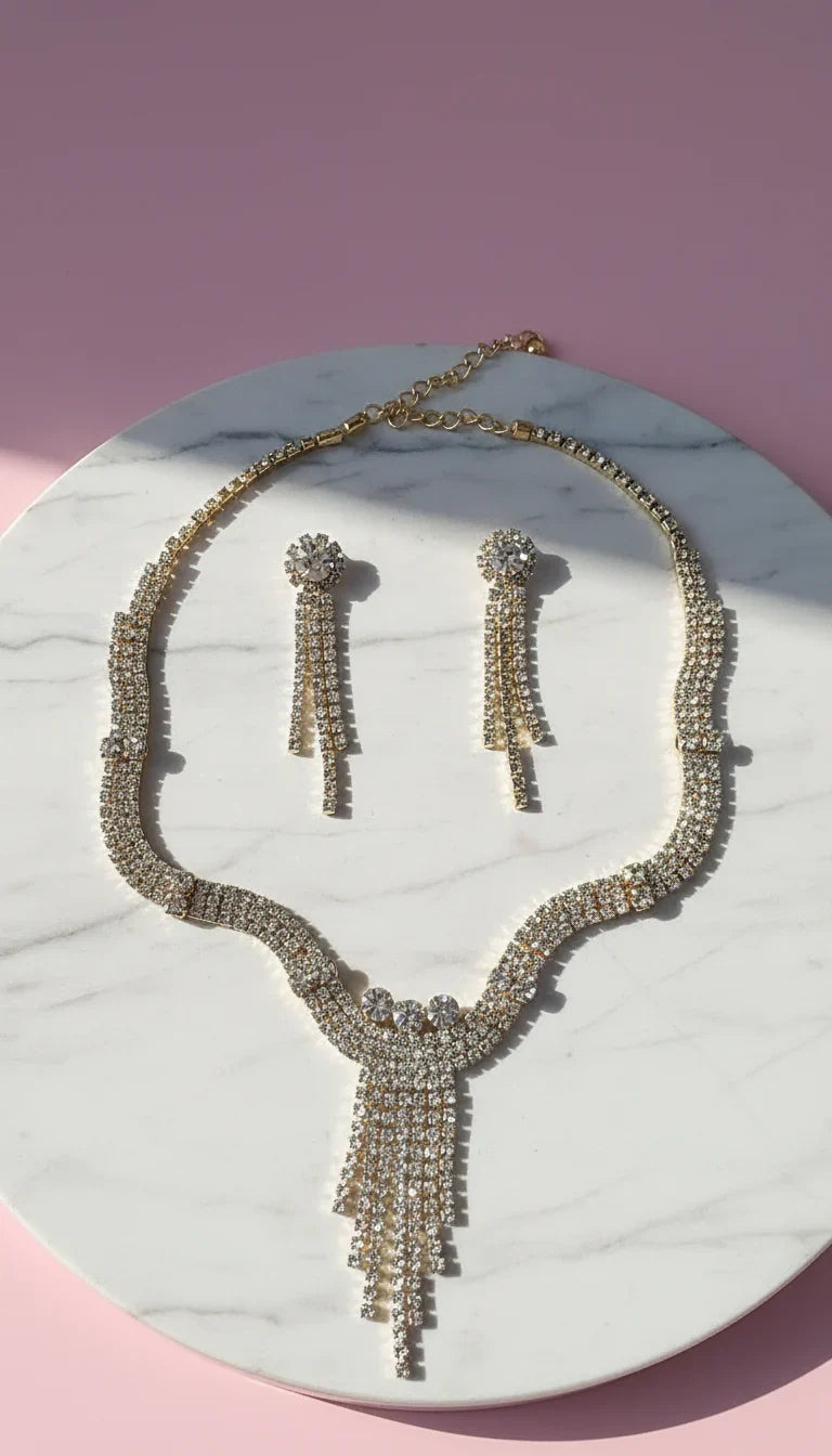 Wavey Statement Crystal Necklace & Earrings Set