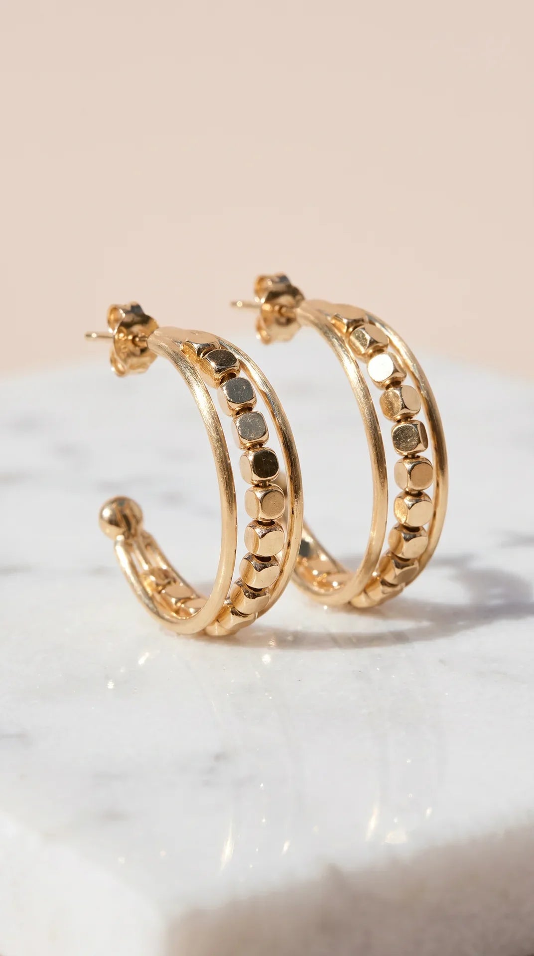Metallic Beaded Cube Huggie Hoop Earrings