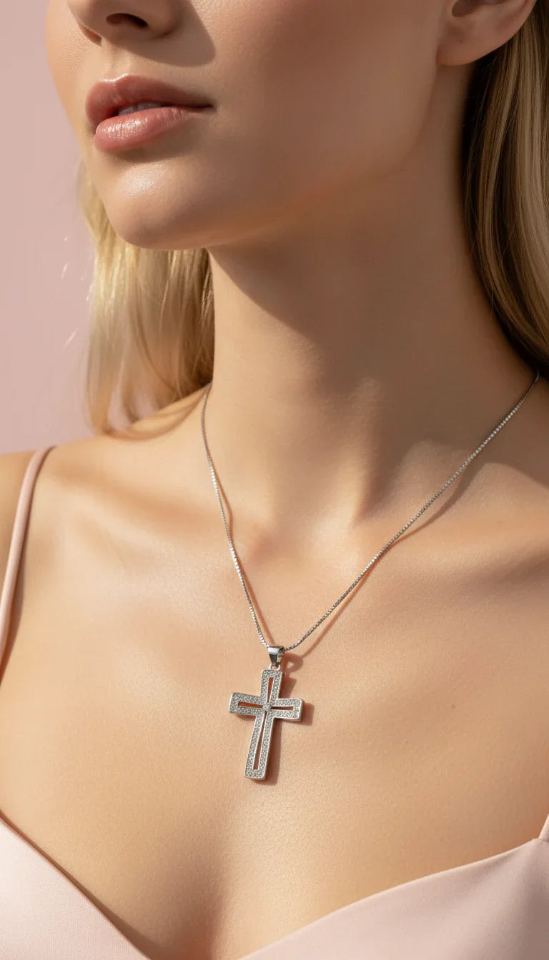 Square Cut Curved Crystal Cross Pendant Necklace