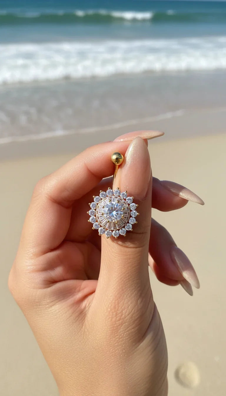 Gold Plated Layered Sunburst Statement Stainless Steel Waterproof Crystal Belly Bar