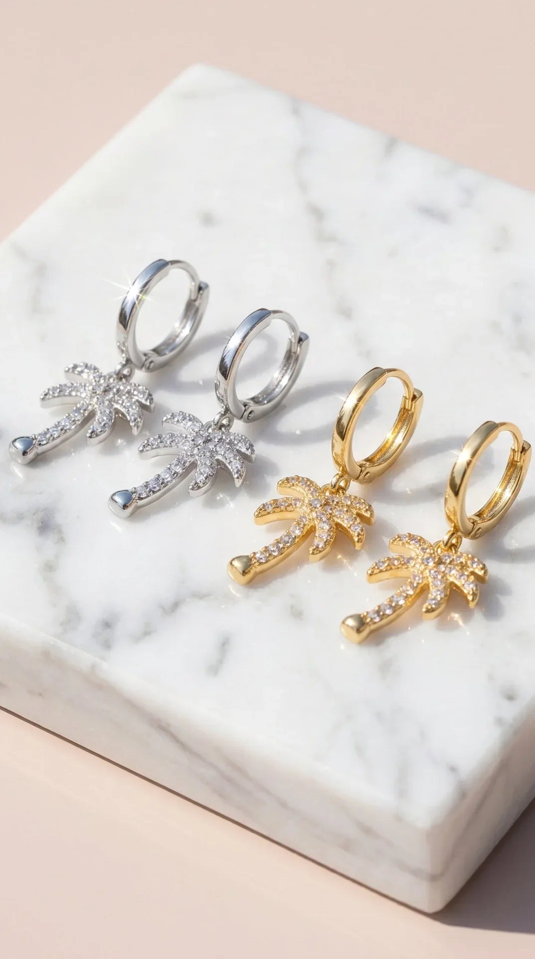 Palm Tree Crystal Huggie Hoop Drop & Dangle Earrings
