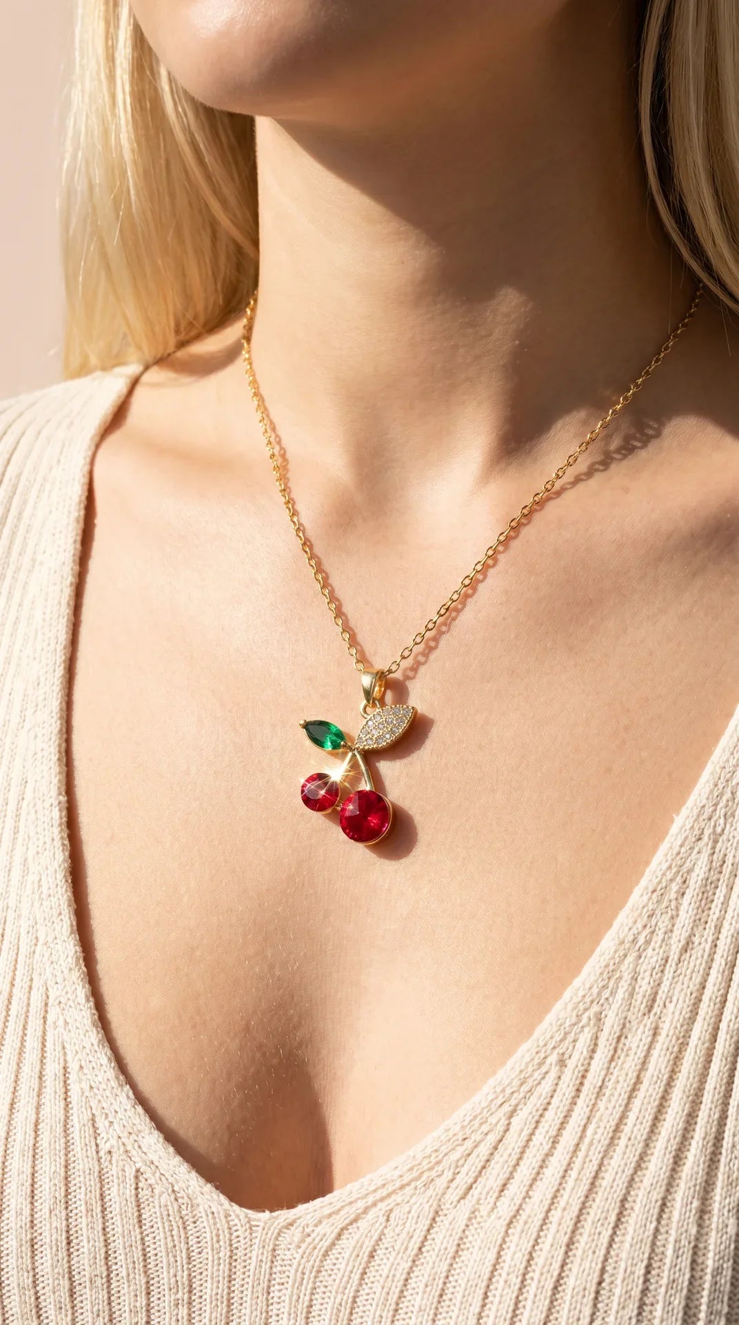 Cherry Gold Plated Steel Crystal Pendant Necklace