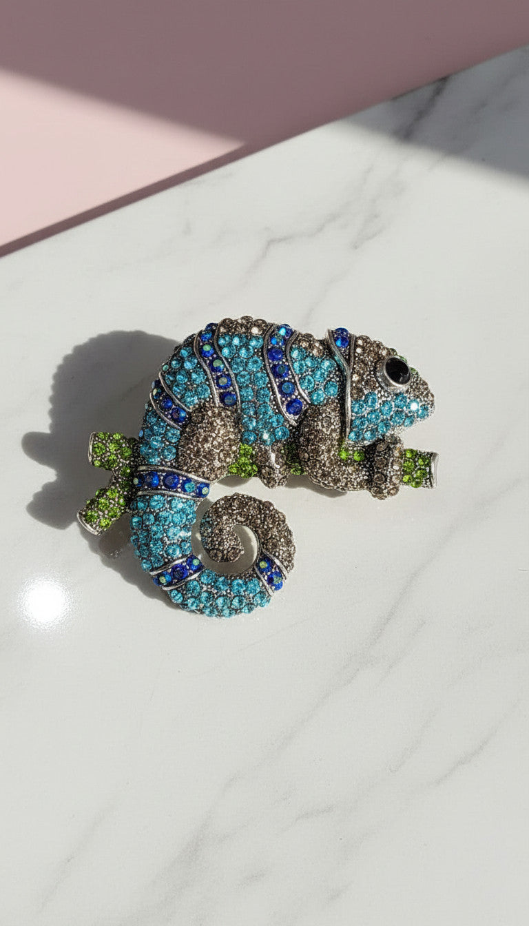 Blue Chameleon Crystal Statement Brooch Rhinestone Pin