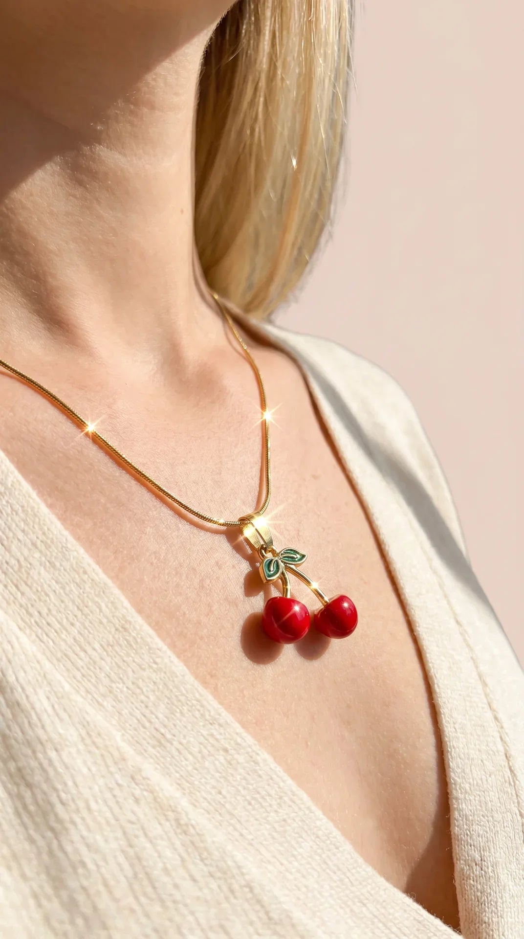 Red Cherry Gold Plated Steel Pendant Necklace