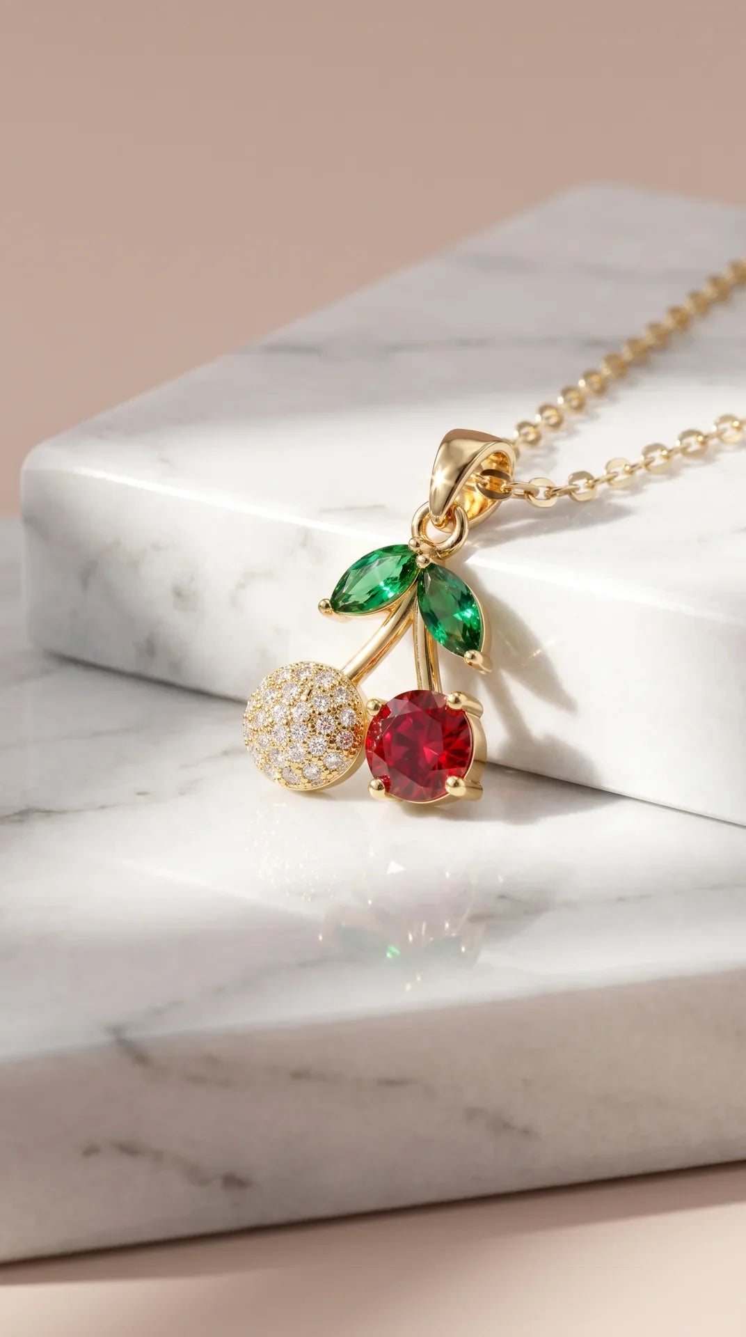 Cherry Crystal Gold Plated Steel Pendant Necklace