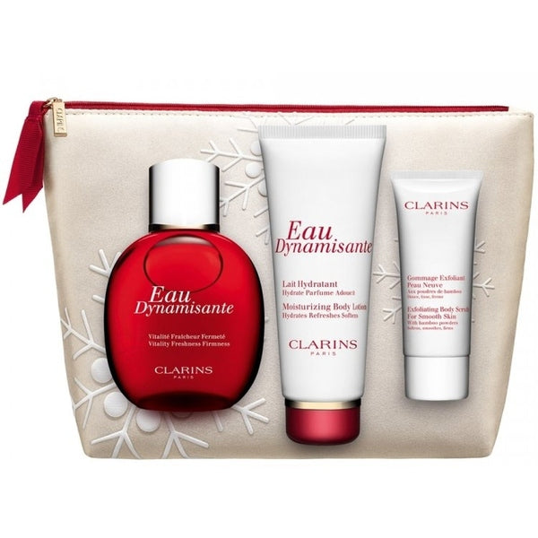 Clarins Eau Dynamisante Gift Set 100ml Eau Dynamisante + 30ml Exfoliating Body Scrub + 100ml Moisturizing Body Lotion + Toiletry Bag