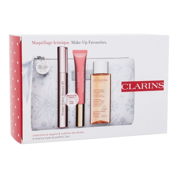 Clarins Make-Up Favourites Gift Set 50ml Cleansing Micellar Water + 8ml Wonder Perfect Mascara 4D - Black + 12ml Natural Lip Perfector + Pouch