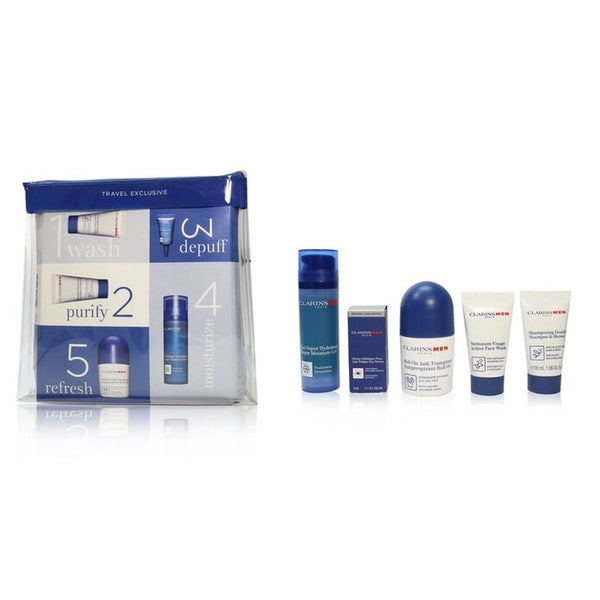 Clarins Men's Grooming Essentials Gift Set 30ml Active Face Wash + 3ml Anti-Fatigue Eye Serum + 30ml Super Moisture Gel + 50ml Shampoo & Shower Gel + 50ml Antiperspirant Roll-On