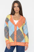 Orange Argyle Wool‑Blend Knit Cardigan