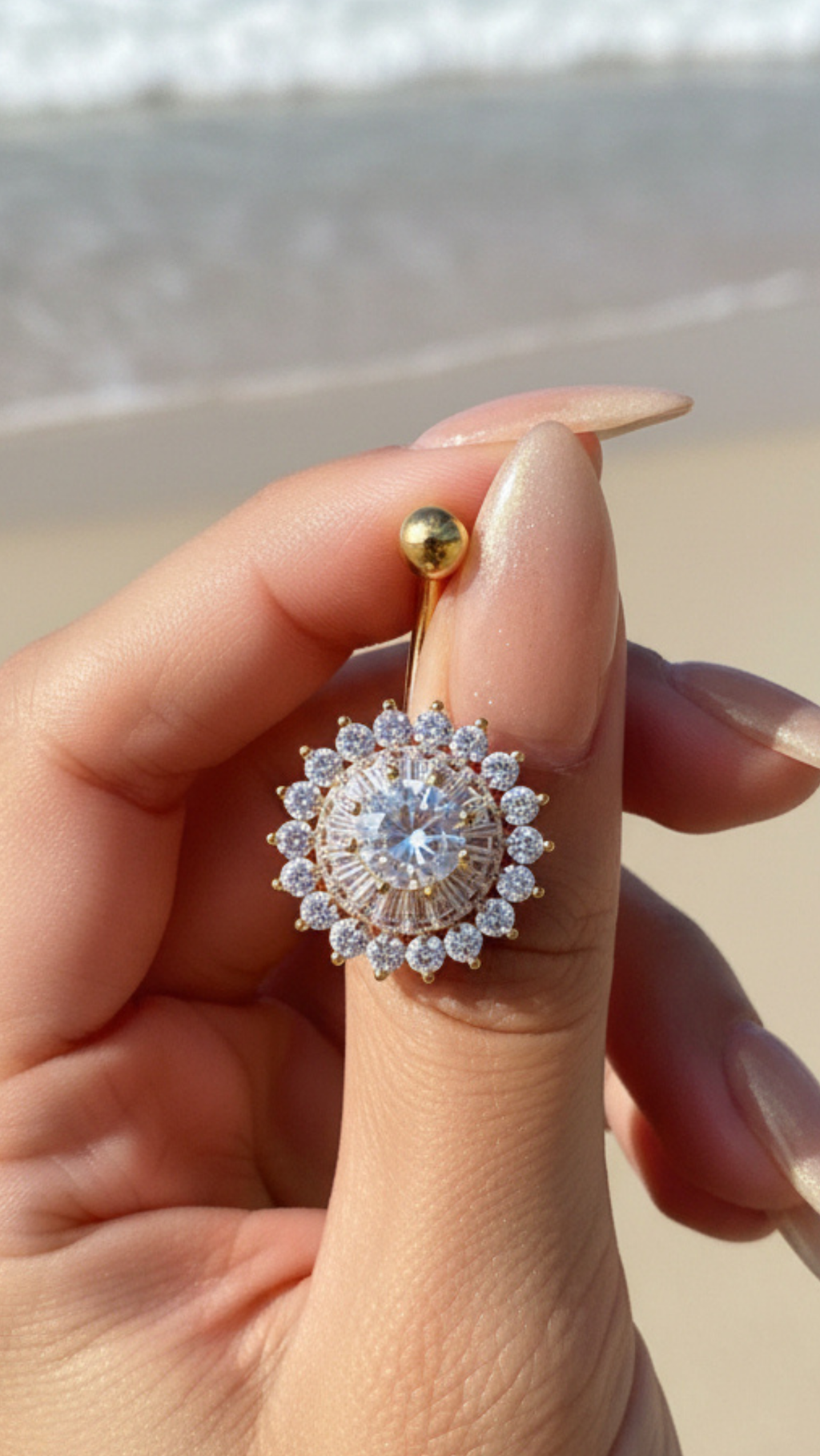 Gold Plated Layered Sunburst Statement Stainless Steel Waterproof Crystal Belly Bar