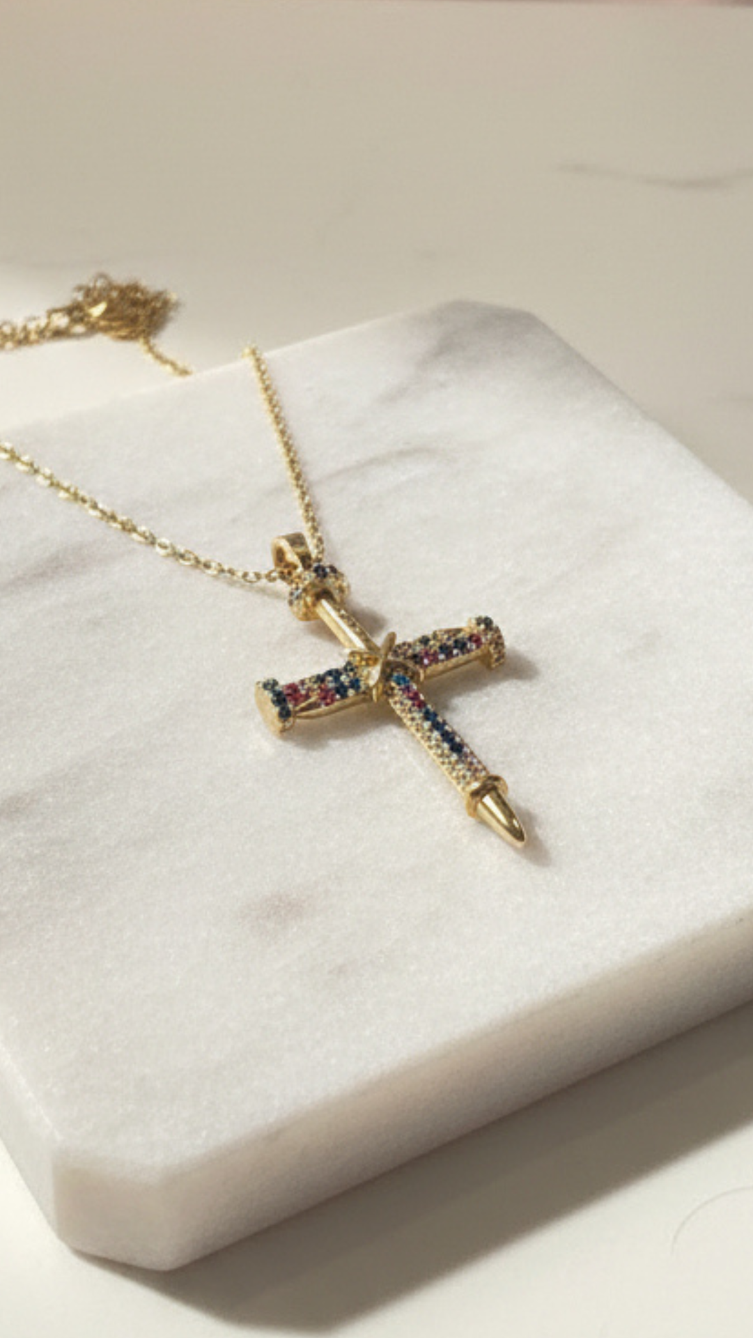 Waterproof Stainless Steel Rainbow Crystal Cross Necklace