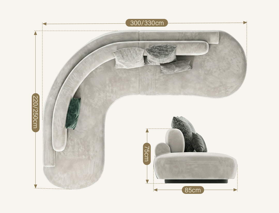 Cosima Grey Four Seater, Five Seater Curved Sofa, Long Sofa, Velvet