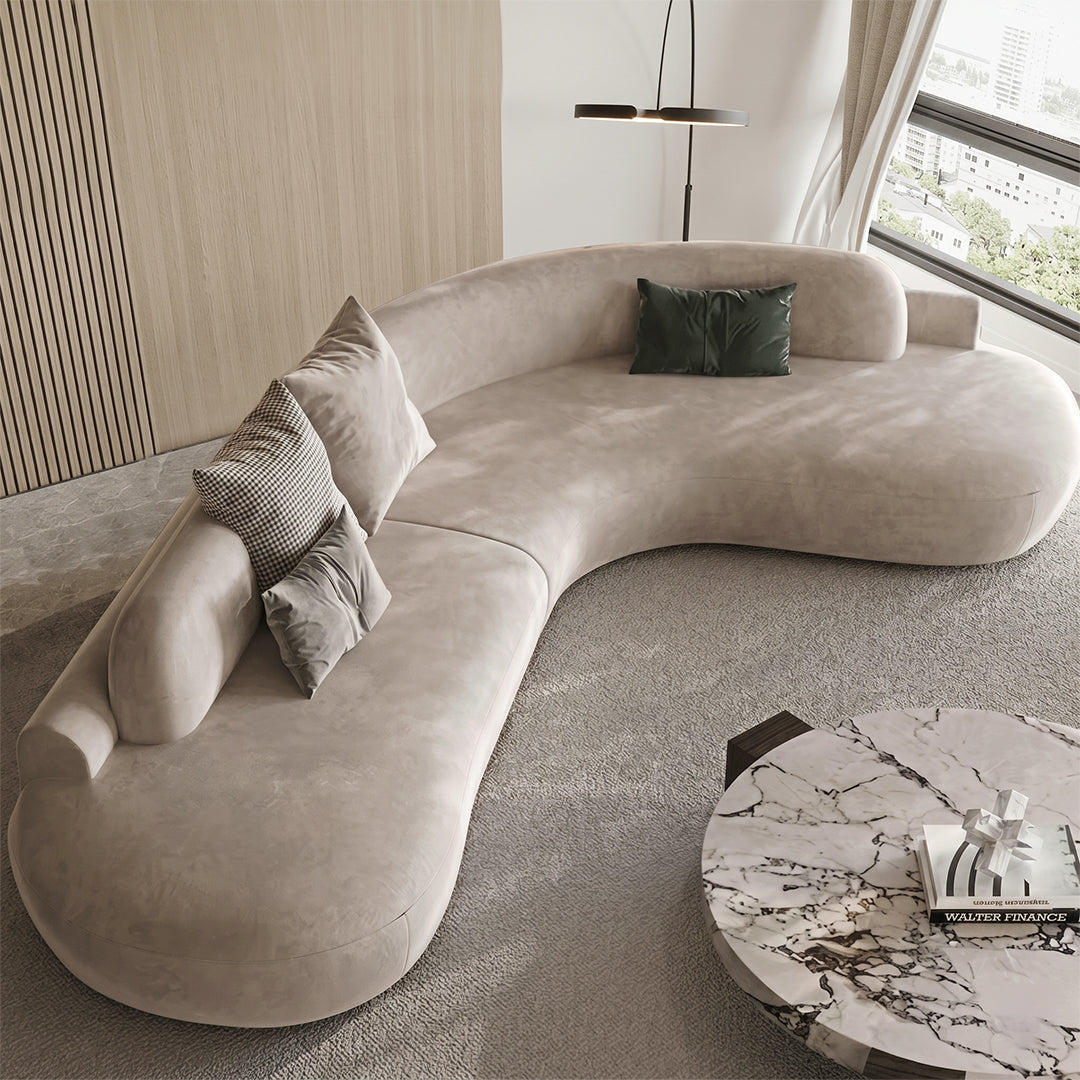 Cosima Grey Four Seater, Five Seater Curved Sofa, Long Sofa, Velvet