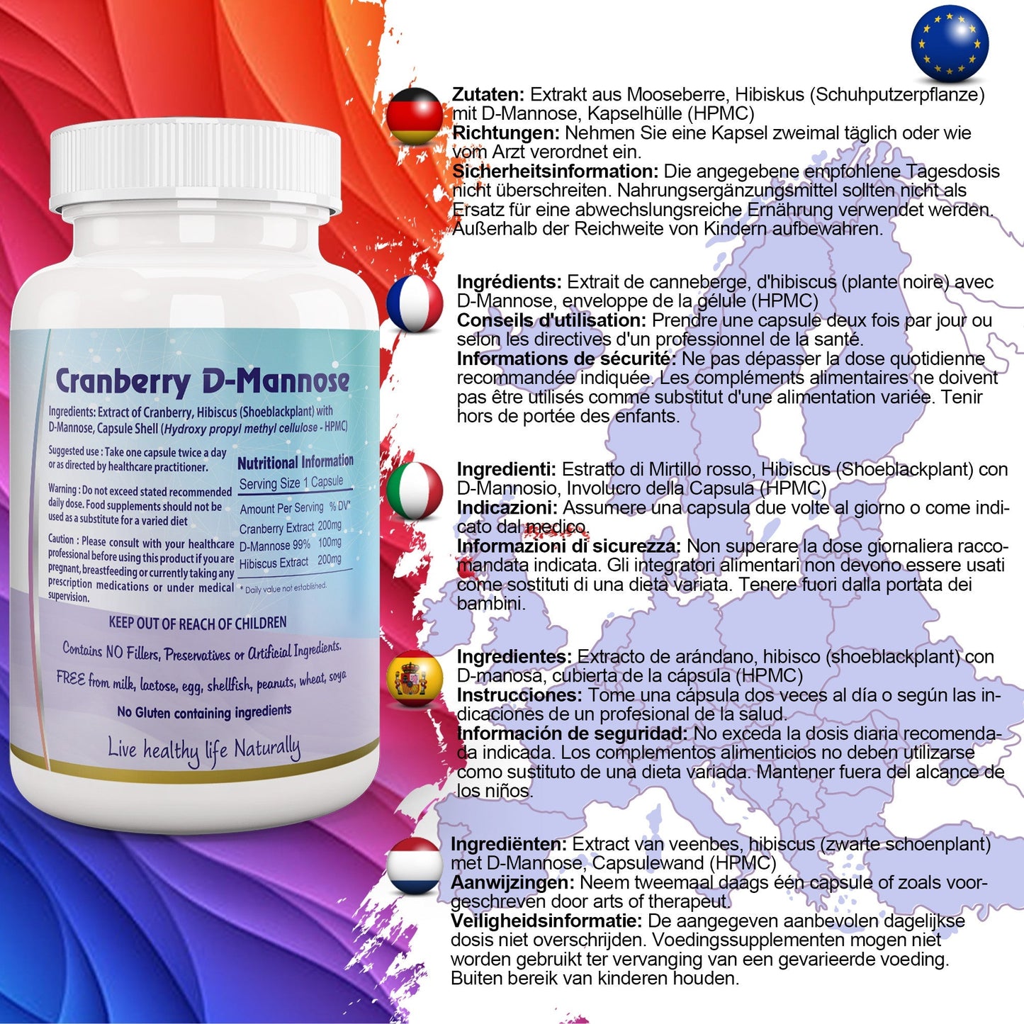 Ayushya Cranberry D-Mannose with Hibiscus Capsules Urinary UTI Bladder Wellness Support Cystitis - Vegan, Gluten Free, Non-GMO, 60 Capsules