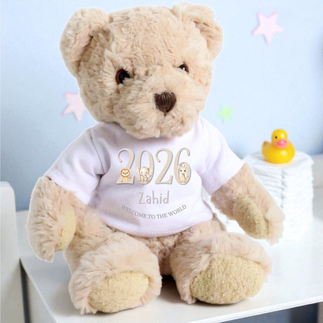 Personalised Cream Welcome to the World Baby Gift Hamper - Teddy & Baby Vest