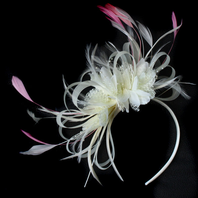 Caprilite Cream Hoopmix Fascinator with Wisps of Baby Pink