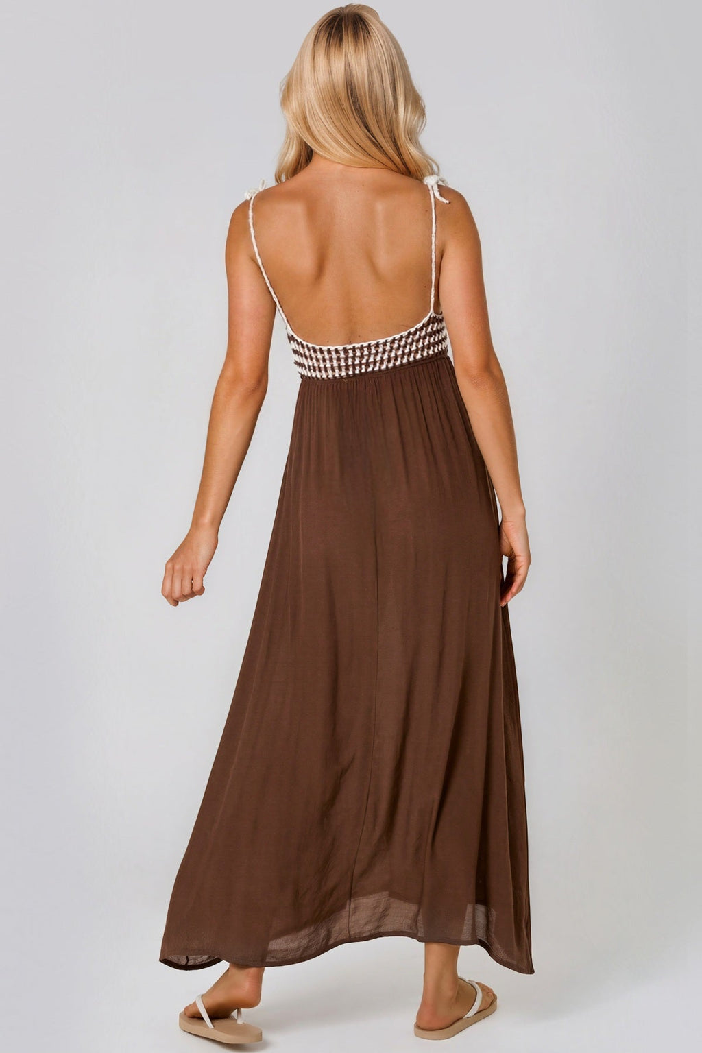 Brown Crochet Strappy Maxi Dress