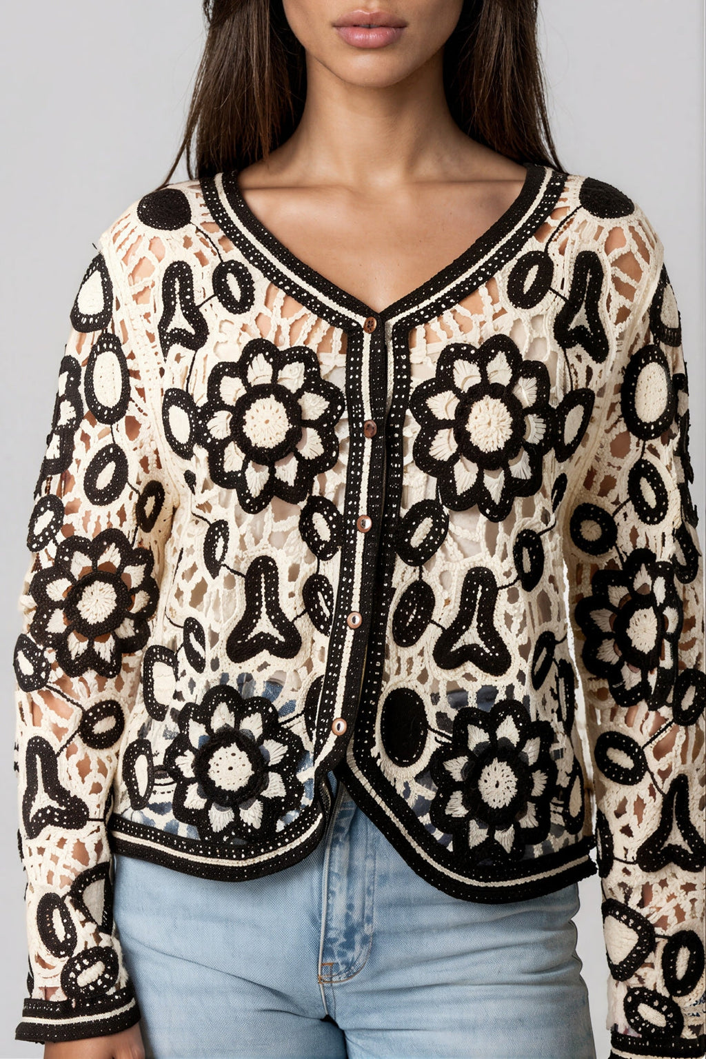 Black Floral Crochet Cardigan