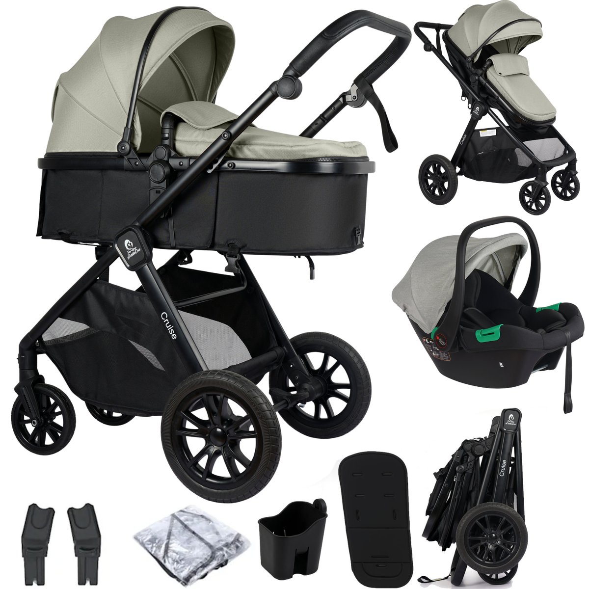 For Your Little One Cruise 3 In 1 Travel System With Car Seat - Pebble Sage (Free Cupholder And Seat Liner Included!)