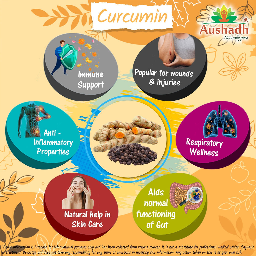 Aushadh Tumeric Curcumin with Black Pepper Capsules (Haldi) Joint Comfort & Antioxidant Support - Vegan, Gluten Free, Non-GMO, 60 Capsules