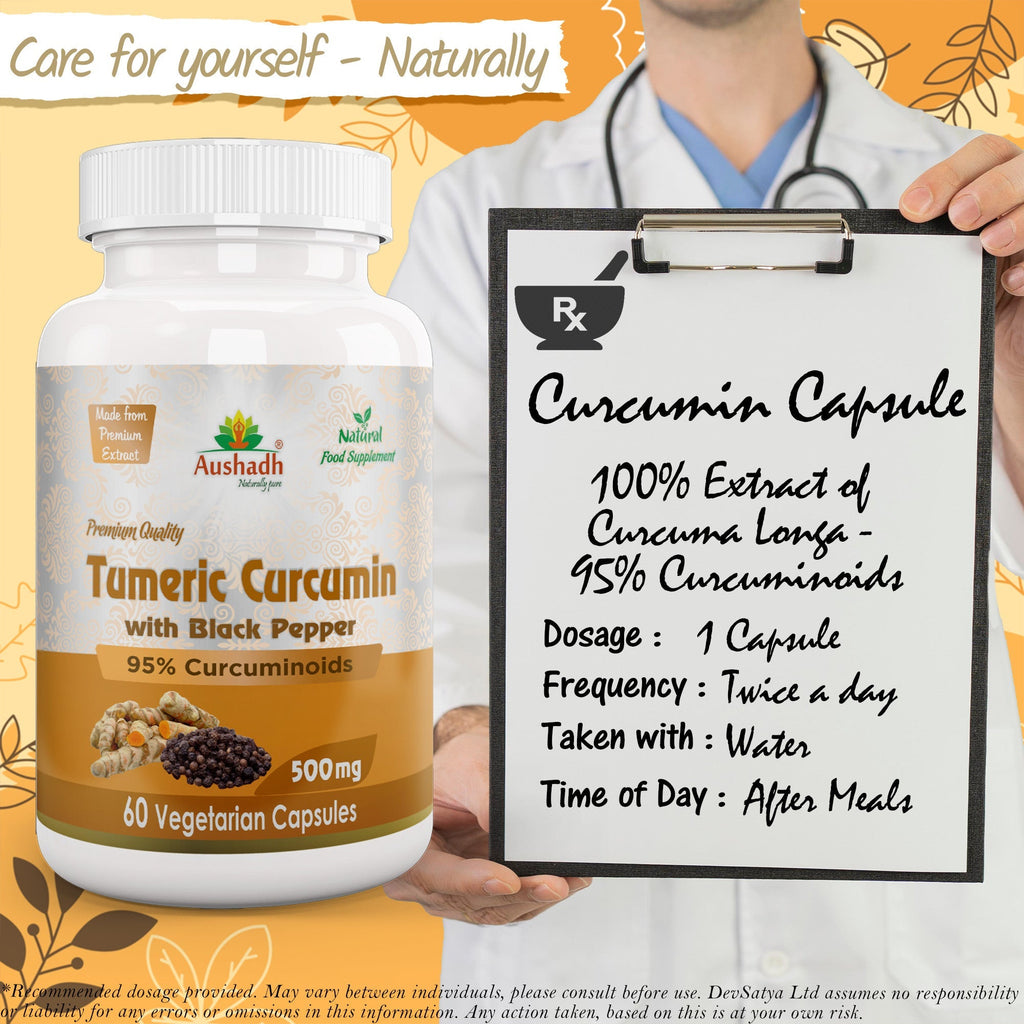 Aushadh Tumeric Curcumin with Black Pepper Capsules (Haldi) Joint Comfort & Antioxidant Support - Vegan, Gluten Free, Non-GMO, 60 Capsules
