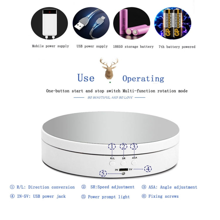 13.8cm Mirror Style USB Charging Smart 360 Degree Rotating Turntable Display Stand Video Shooting Props Turntable for Photography, Load 3kg(White)