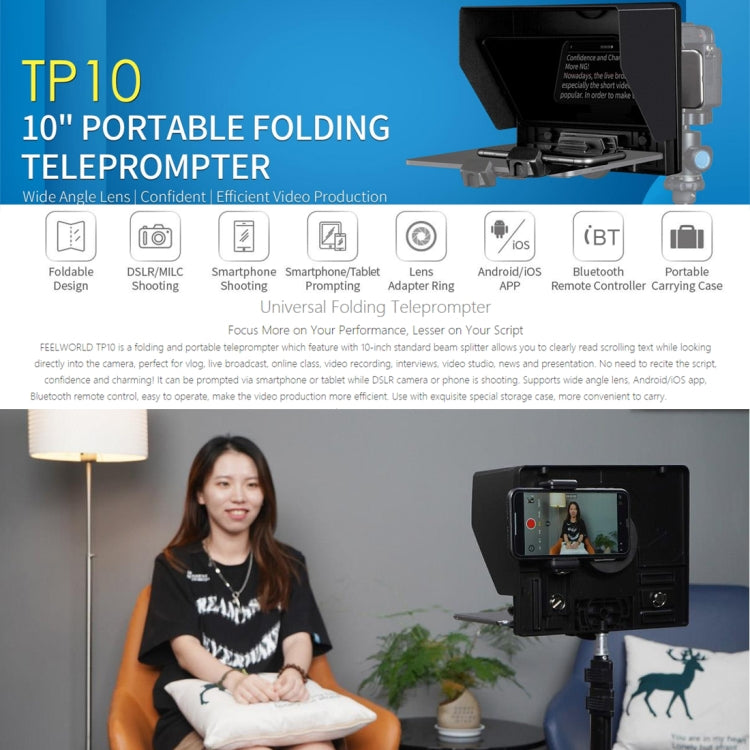 FEELWORLD TP10 Portable 10-inch Folding Teleprompter with Remote Control Lens Adapter Ring For Below 10 inches Smartphone / Tablet, TP10